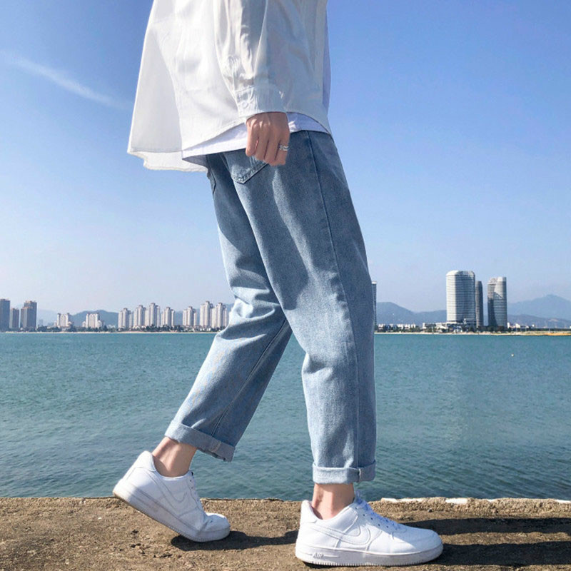 Hight Quality Korean Style Light Blue Denim Jeans All Match Casual Pants Men S Ankle Length Straight Fit Youth Simple Pants Loose Trousers For Men Shopee Philippines