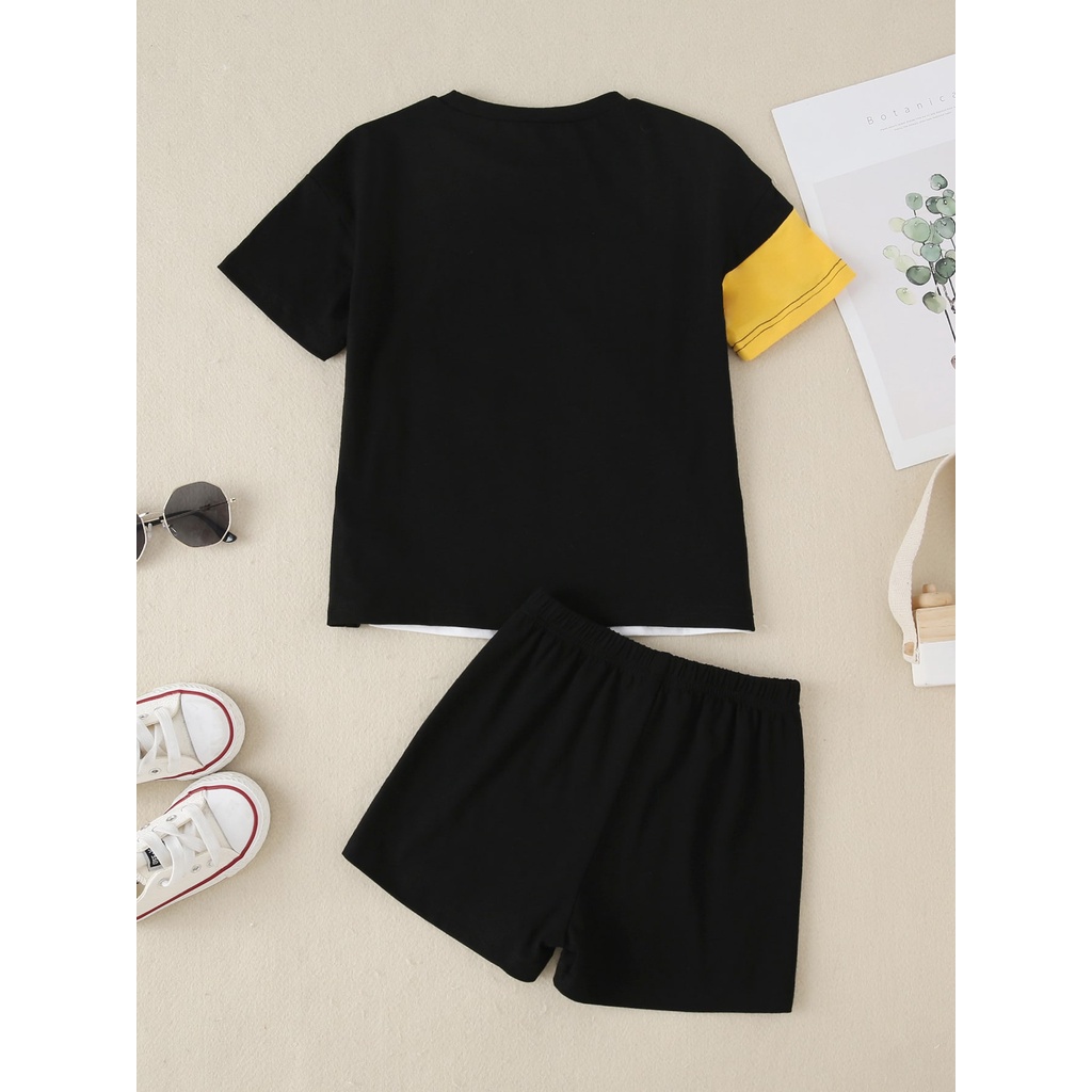 Mikrdoo 1-6 Years Kid Boy 2PCS Summer Clothing Set Toddler Baby Boy Basic Style Color Block Short Sleeves T-shirt Black Shorts Fashion Kid Boy Streetwear Sport Style Outfit