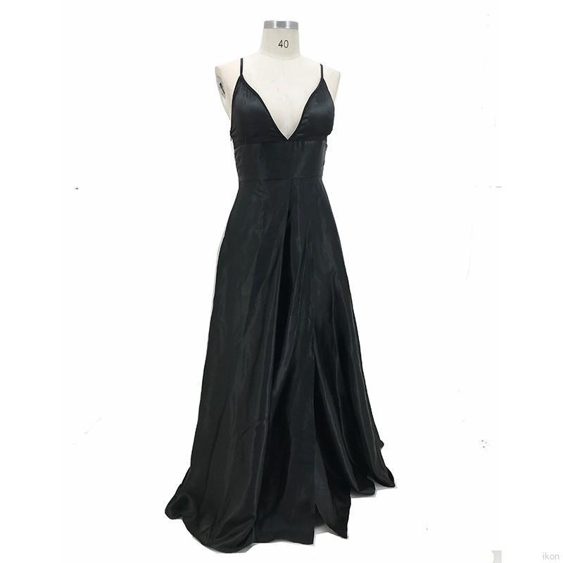 Women Dresses Summer Deep V-neck Black Noir High Slit Long Dresses ...