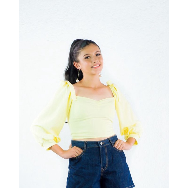 Ribbon Puff Sleeve Blouse ( Yellow ) Shopee Philippines