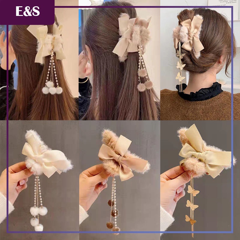 Korean Style Hair Clamp Cute Bow Hair Clip with Tassels Pearl Hair Claw