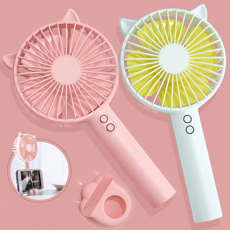Cute Cat Handheld Fan with Standing Bracket Base LED Lamp USB Charging