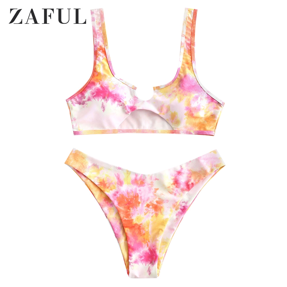 ZAFUL Womens Tie Dye V-Notch Cutout High Cut Bikini Set Two Piece Swimsuit 