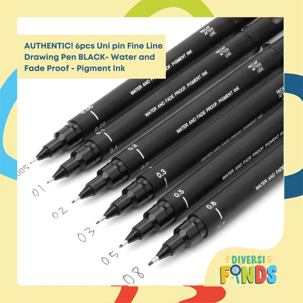 AUTHENTIC! 6pcs Uni pin Fine Line Drawing Pen BLACK Water and Fade
