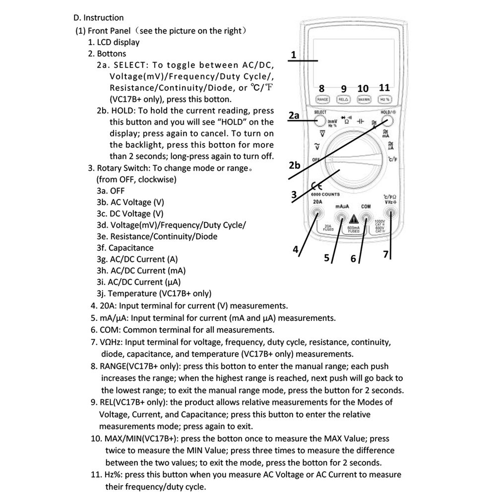 ZOTEK VC17B 6000 Counts Digital Multimeter with Backlight AC DC Ammeter