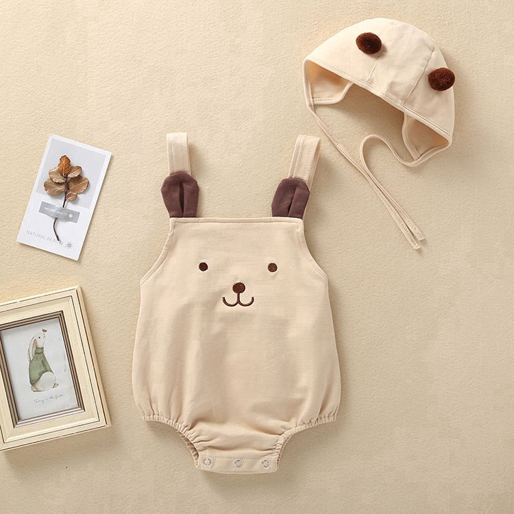 READY STOCK⭐ NEW Baby Girls Clothes Summer Sunsuit 3D Bear Color Block Cotton Print Rompers+Hat Set Infant Outfit Girls Jumpsuit Clothes