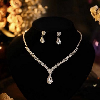 [LK]  1 Set Bridal Necklace Earrings Water Drop-shaped Rhinestone Jewelry Korean Style Sparkling Jewelry Set for Wedding