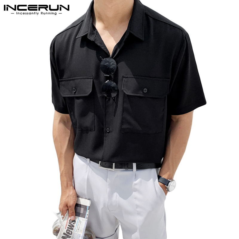 INCERUN Mens Casual Simple Style Plain Short Sleeve Baggy Buttons Up ...