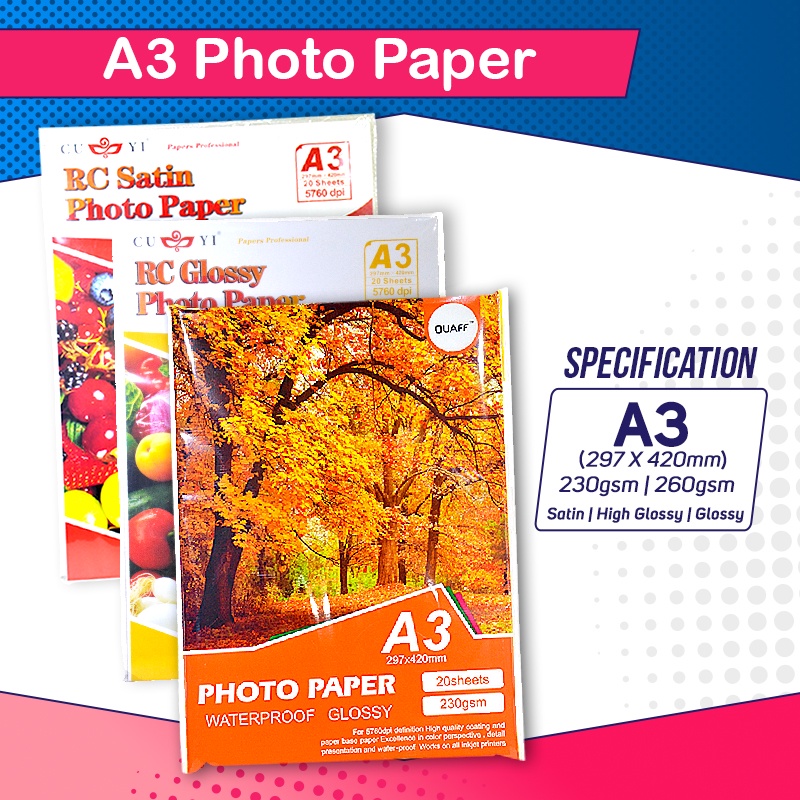 A3 Size Photo Paper Satin High Glossy Glossy (20 sheets / pack