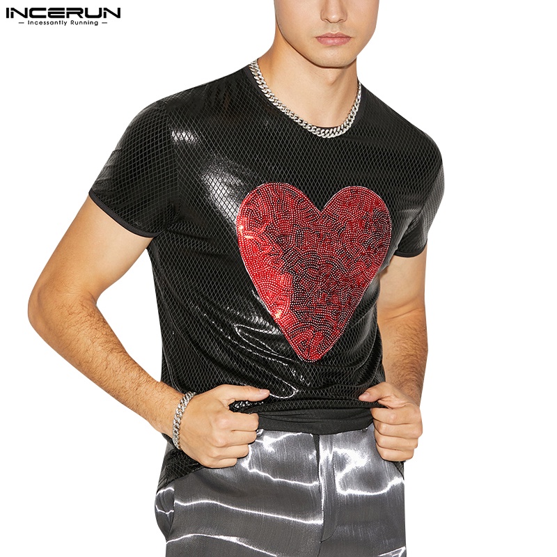 INCERUN Men Basic Leather Heart Printed Short Sleeve Holiday Wet Look T