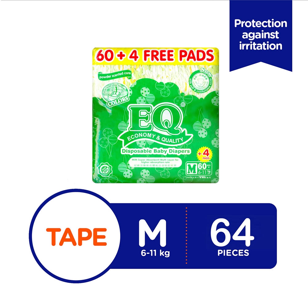 EQ Colors Jumbo Pack Medium 64's x 2 packs (128 pcs) - Tape Baby Diapers