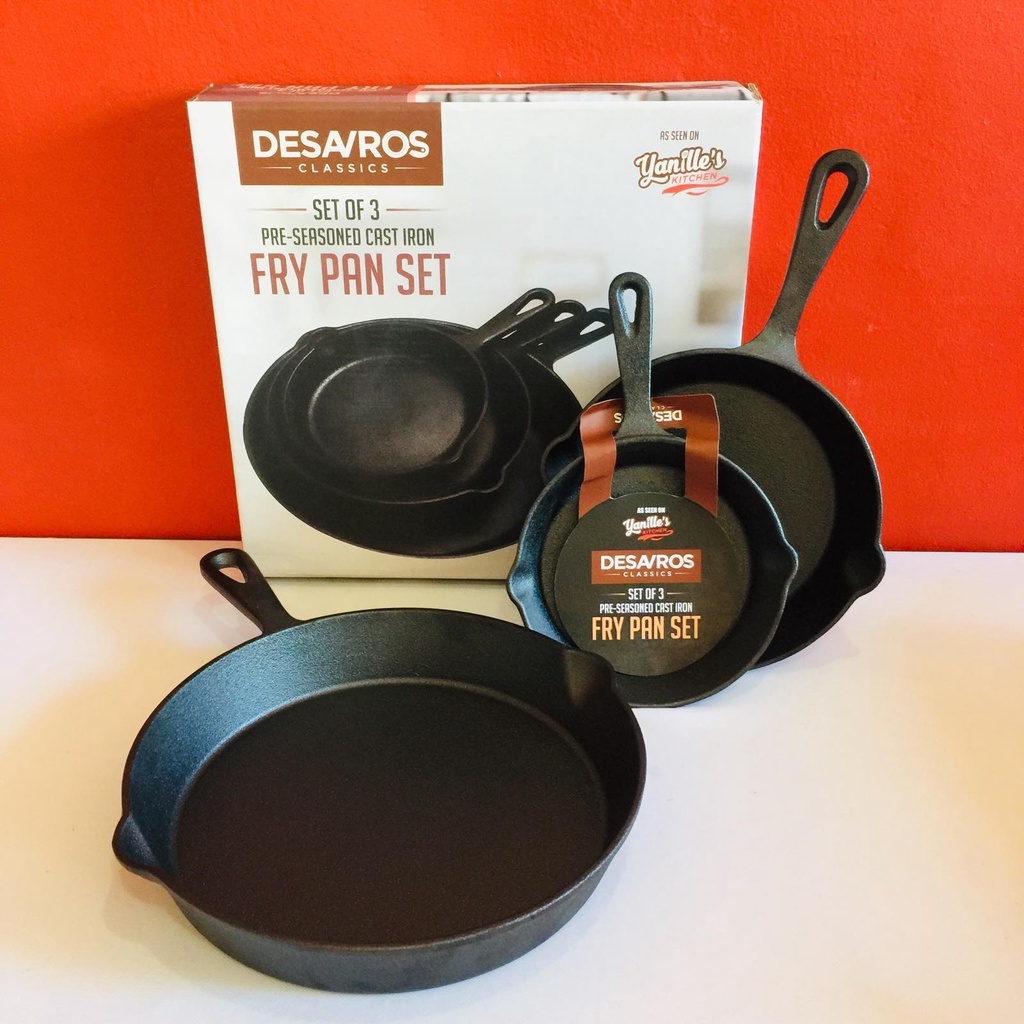 Desavros Pre Seasoned Cast Iron Pan (Set of 3) with FREE Desavros Apron
