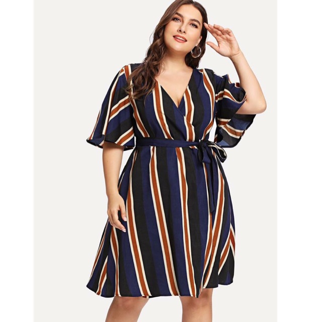 #A1925 Color Combined Stripe Belted Plus Size Dress | Shopee Philippines