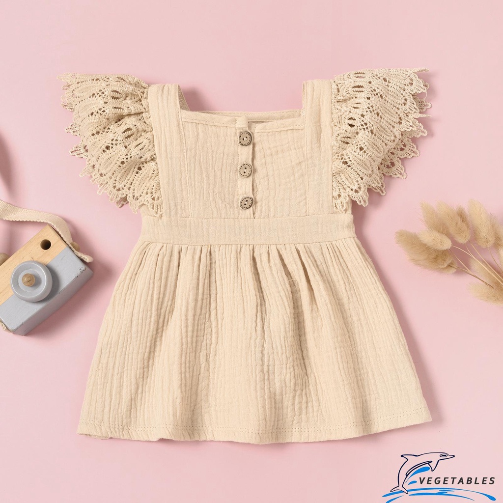 ZHY-Baby Girls Casual Dress, Solid Color Short Fly Sleeves Square Neck One-piece, Tangerine Yellow/ Grey Blue/ Pink/ Apricot