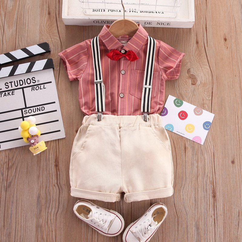 Korean Style Gentleman Stripe Shirt Bow Khaki Shorts Set Baby Terno Ootd for Kids Boy 1-5 Years Old Wedding Birthday Party Formal Suit Summer Clothes