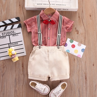 Korean Style Gentleman Stripe Shirt Bow Khaki Shorts Set Baby Terno Ootd for Kids Boy 1-5 Years Old Wedding Birthday Party Formal Suit Summer Clothes #2