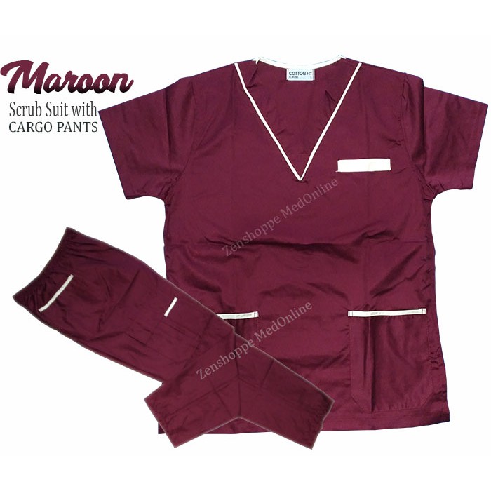 Scrub Suit set with Cargo Pants (Maroon) | Shopee Philippines