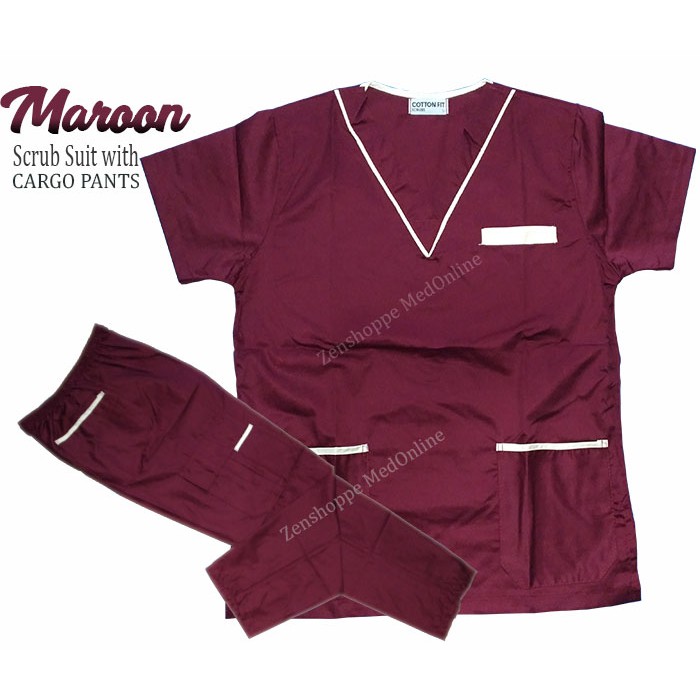 Scrub Suit set with Cargo Pants (Maroon) Shopee Philippines
