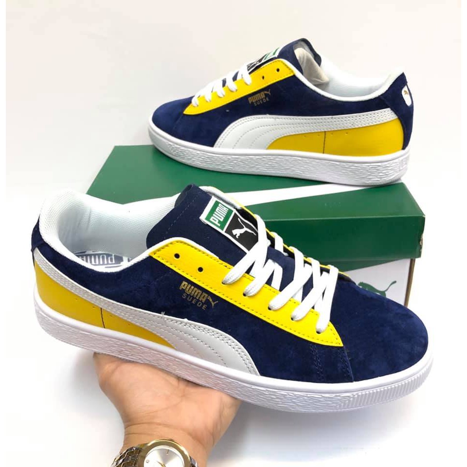 navy and yellow sneakers