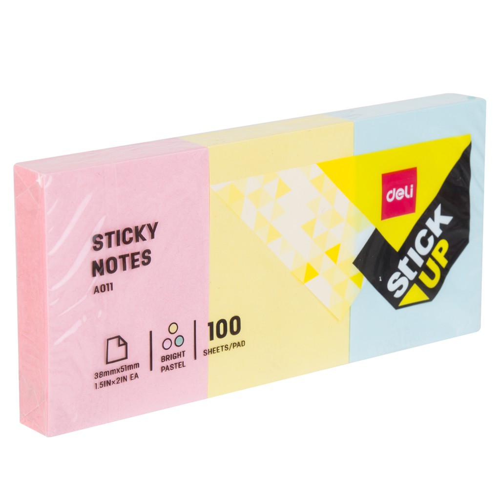 Deli EA01103 Sticky Notes 38×51mm Yellow, pink, blue asst. in 1 shrink film