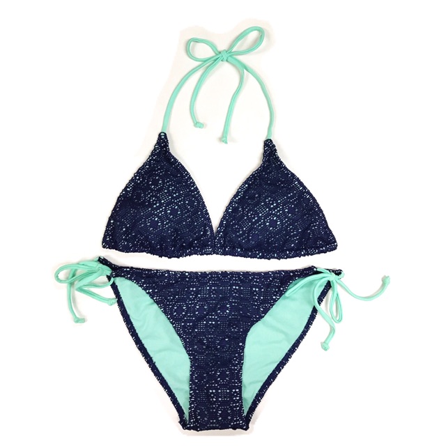 (M) Teal/Navy Blue Knit Pattern Triangle Bikini | Shopee Philippines