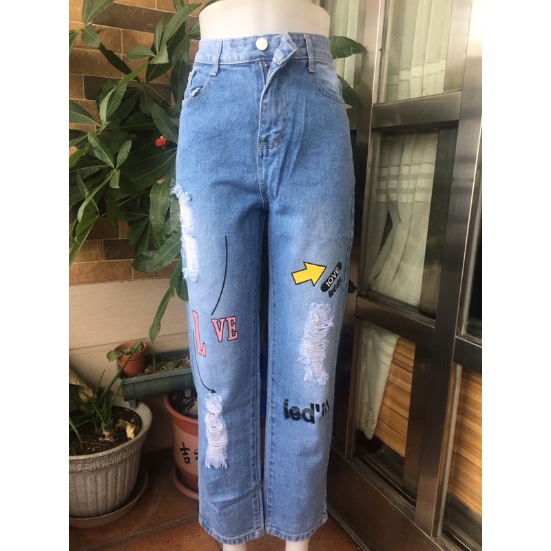 Light Blue High Waisted Boyfriend Jeans With Printed Design Shopee Philippines