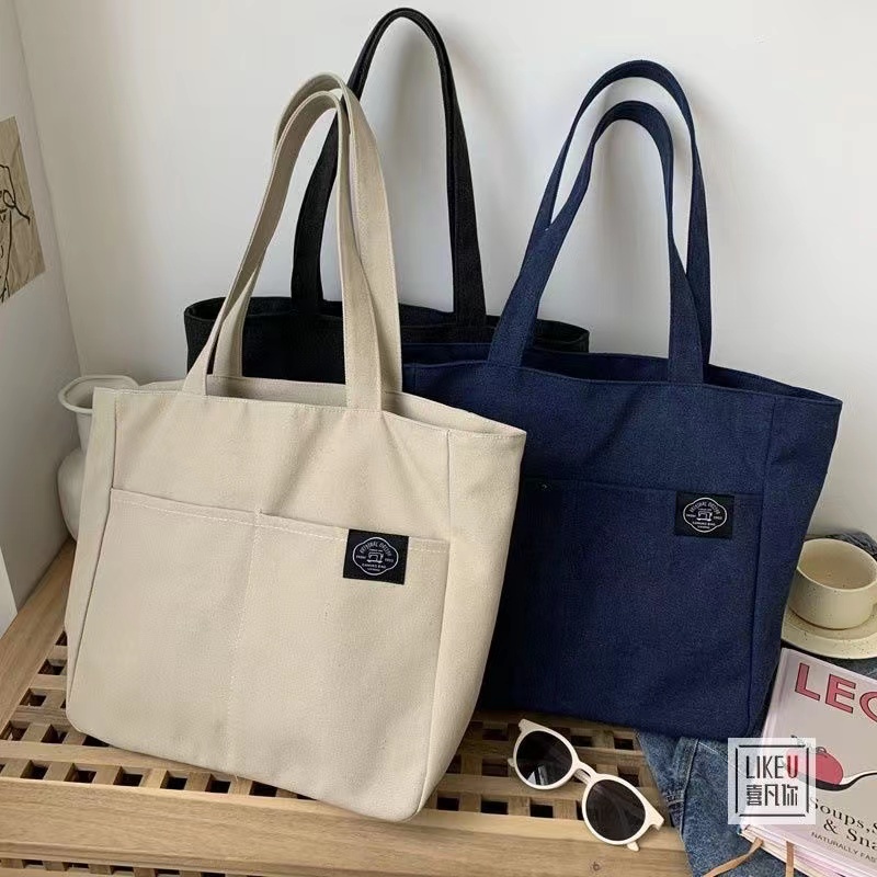 Korean Canvas Bag Tote Bag Multiple Pockets Large Capacity Student ...