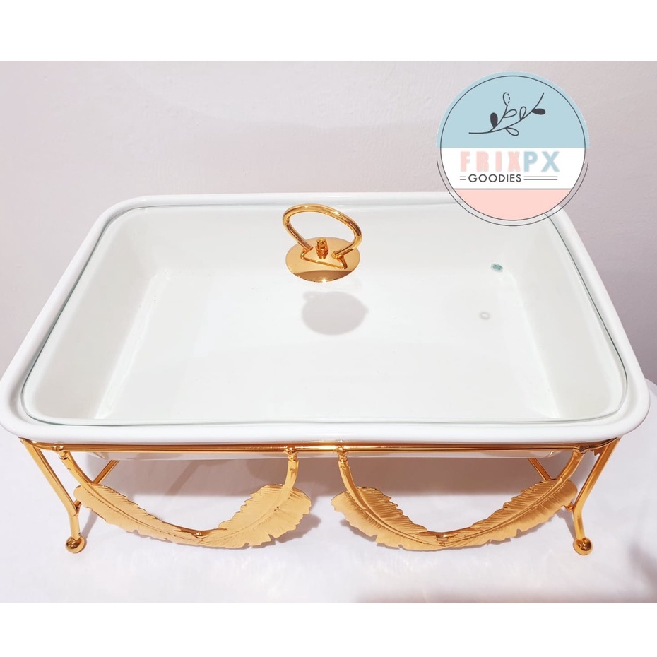 15" Porcelain Rectangular Food warmer Gold Plated Rack Import from