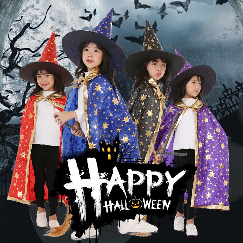 Kids Wizard Witch Cloak Costume Set With Hat And Wand - Halloween Cosplay Cape For Boys & Girls