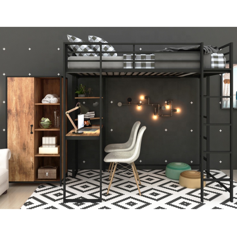 Adult college dorm metal loft bed with desk, Cheap dorm wrought iron