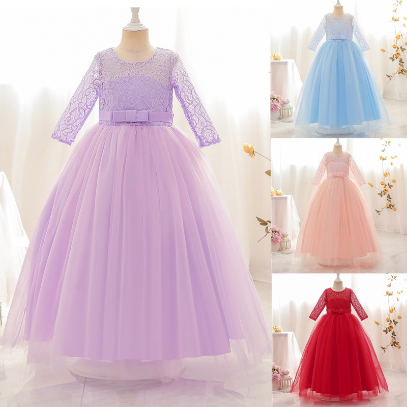 Flower Girls Long Dress Wedding Bridesmaid Gown Kids Prom Costume Children New Year Red Dress