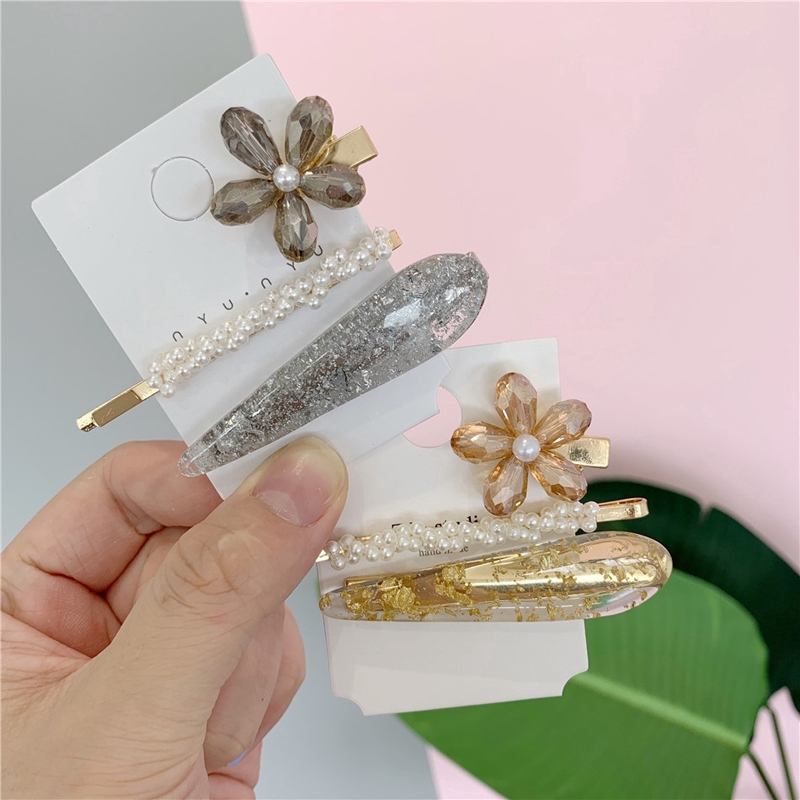 Elegant Korean 3pcs Set Gold Silver Crystal Flower Hairclips Hair