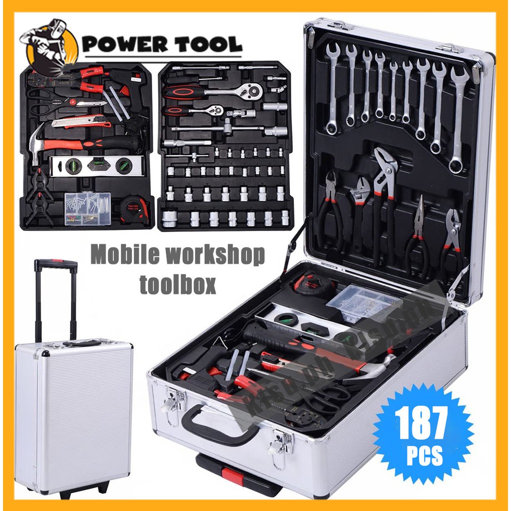 Toolbox with 187 pieces of precision tools set in a trolley with lock