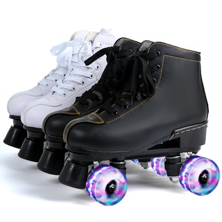 Leather Double-row Roller Skates for Men and Women Roller Skates Black and White Flash Roller Skates
