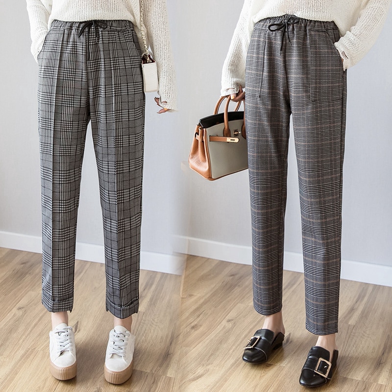 elastic plaid pants