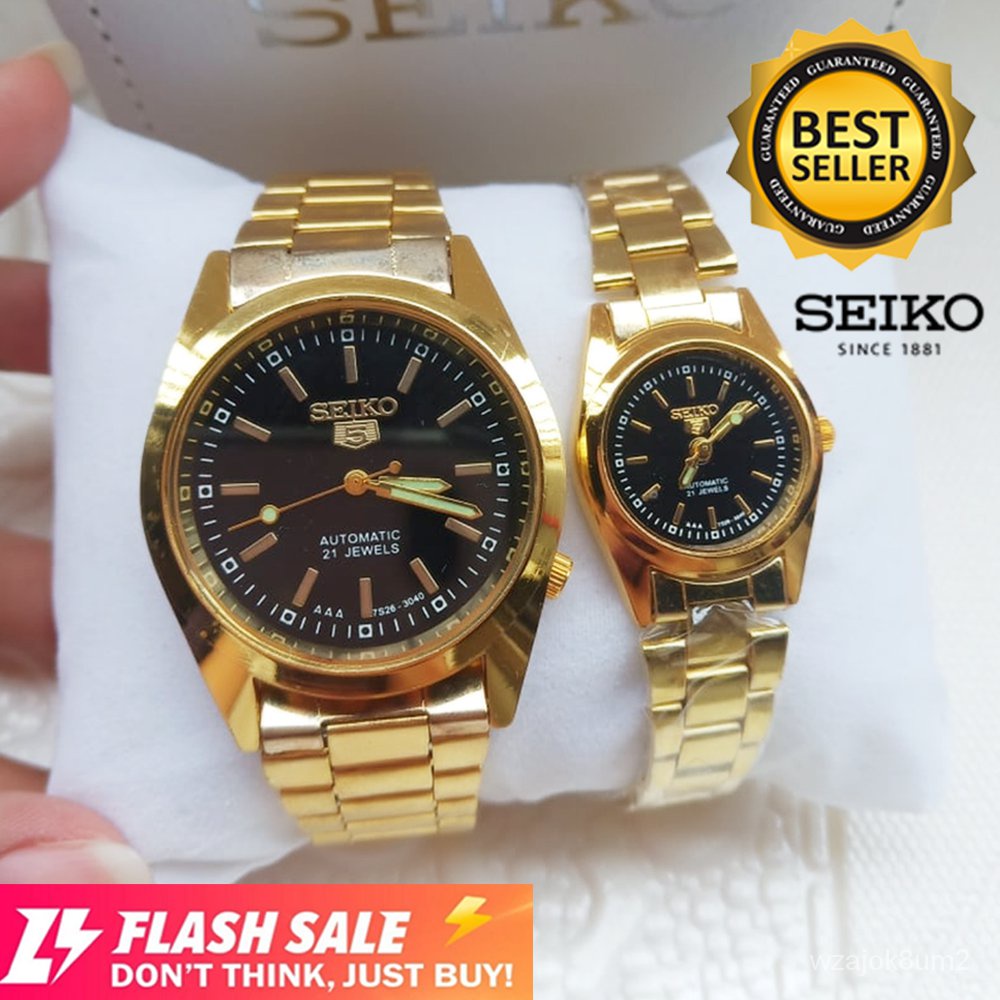 SEIKO 5 21 Jewels Couple Stainless Steel Watch - Black Dial ( GOLD ) for  Men and Women COUPLE WATCH | Shopee Philippines