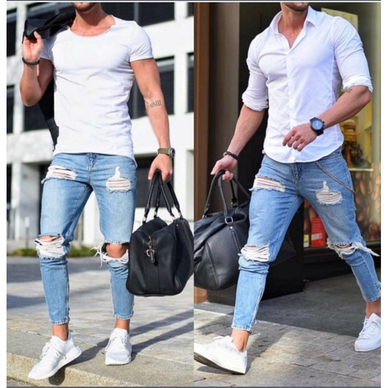 men's light colored jeans outfit