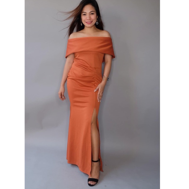 off shoulder long gown for chubby