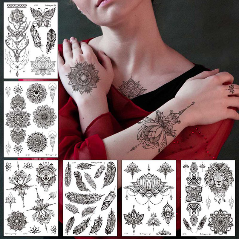 Unique Black Temporary Tattoo Stickers For Adults Women Girls Feather Mandala Flower Body Art Large Big Arm Tattoos Sheet Lace Indian Bride Sexy Wedding Tatoos Shopee Philippines