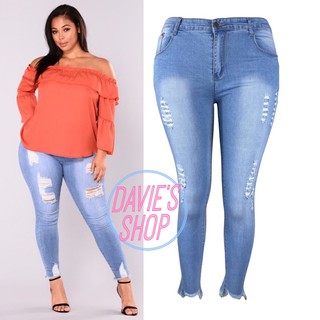 Plus Size HighWaist Tattered Jeans Ankle Cut Stretchable Pants Ripped Jeans