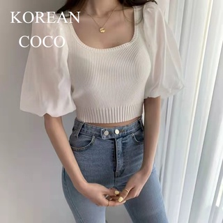 FASHION COCO weet pricess style bubble sleeve plain elegant knitted blouse square neck chiffon 5089
