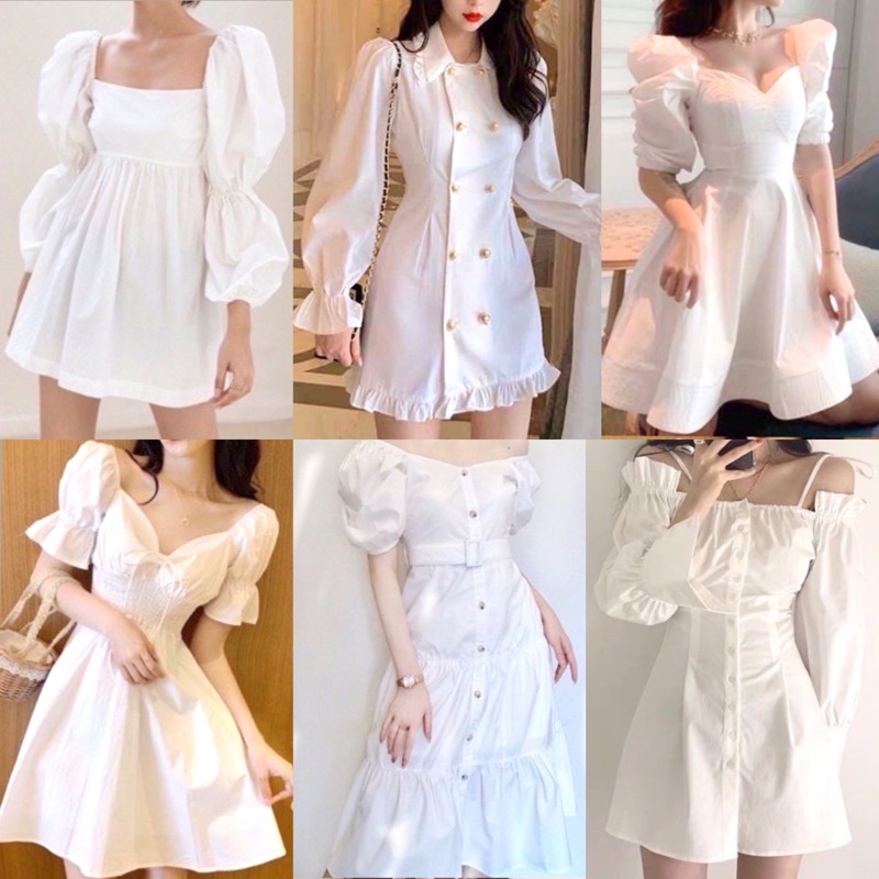 Elegant classy casual semi formal vintage puff sleeves white mini maxi