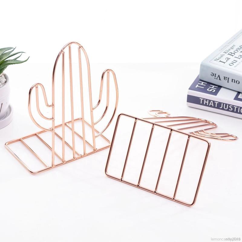 Decorative Iron Wire Metal Bookends Art Book Stand for Shelf Geometric Design Book End 1 Pair Rose Gold, Height 200mm 