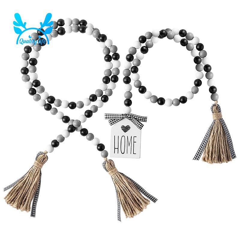 2 Pack Black&White Wood Bead Garland Set with Tassel Rustic Farmhouse Tiered Tray Decorations Country Rustic
