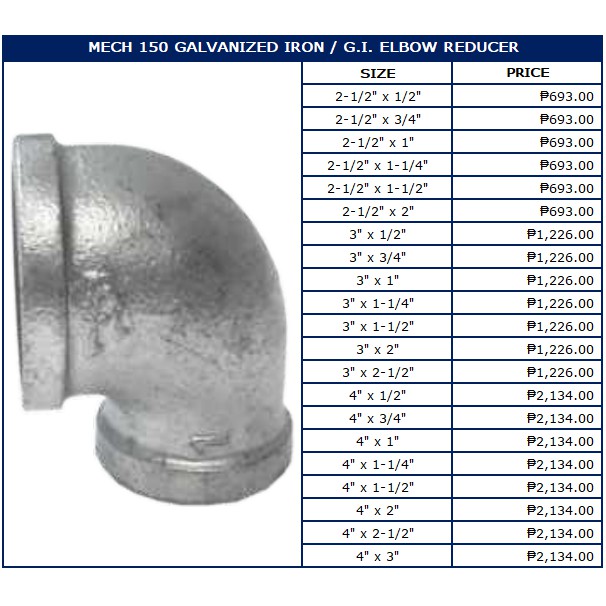 1 2 X 1 4 To 1 X 3 4 Mech 150 Galvanized Iron G I Elbow Reducer Shopee Philippines