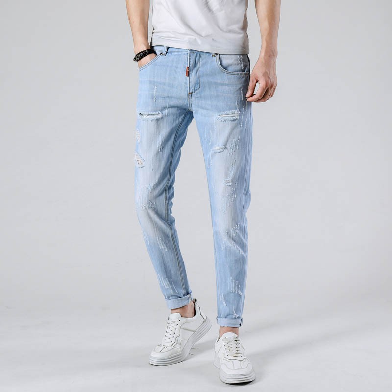Men'S Light Blue Ripped Jeans Scratch Washed Denim Sky Blue | Shopee  Philippines
