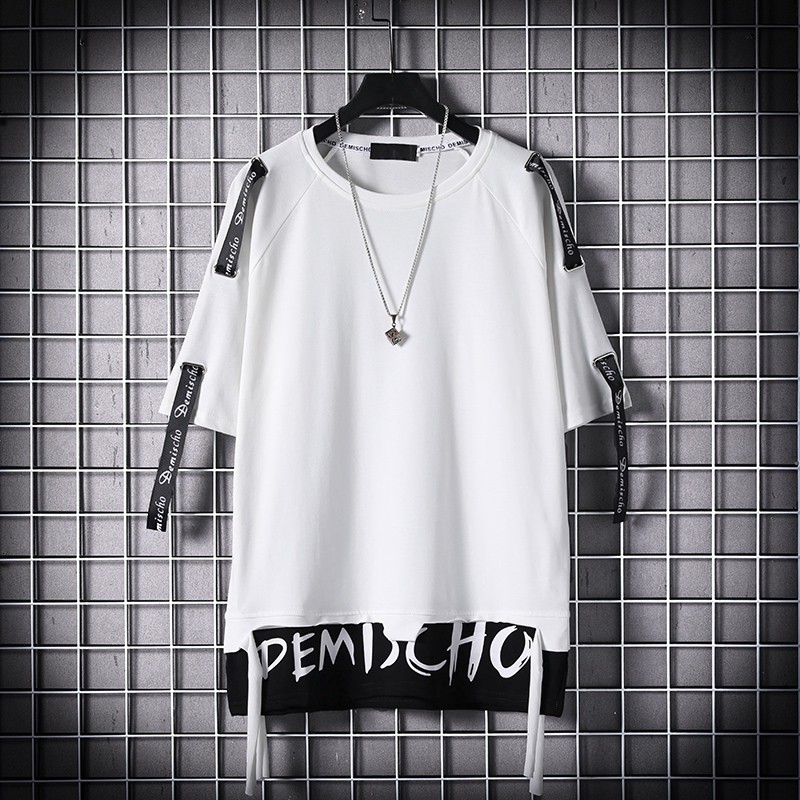 Japanese short-sleeved T-shirt male Korean version of the trend of hip-hop fake two pieces of handsome personality in the long section tide brand t-shirt