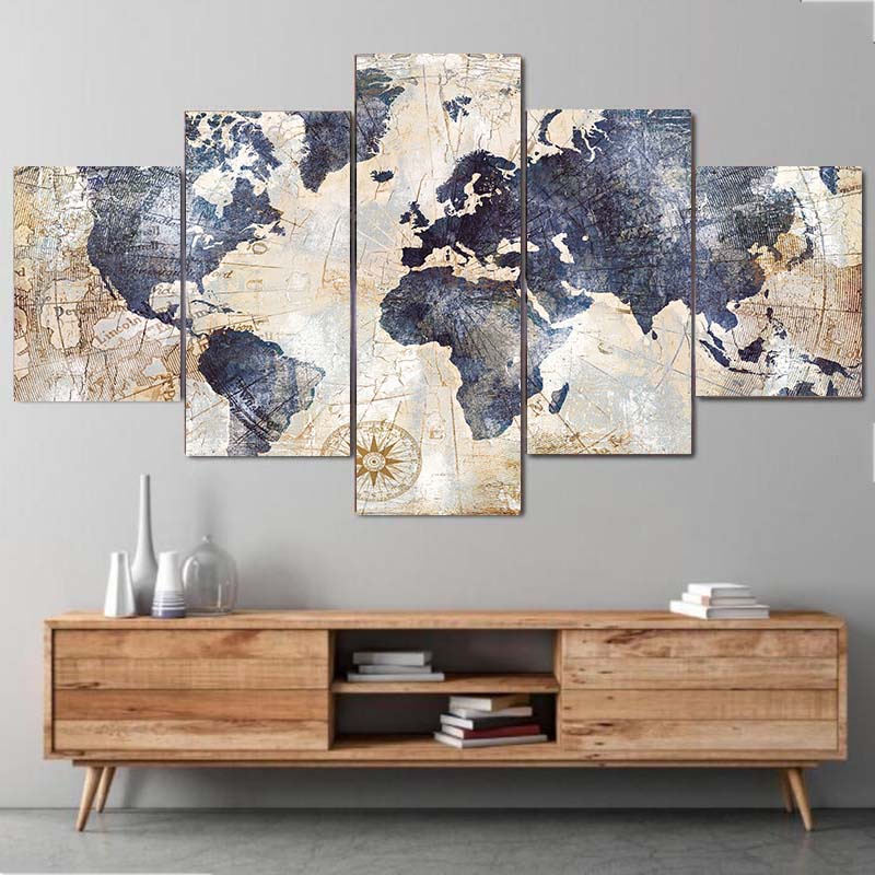 5 Pieces Retro World Map Canvas Painting Abstract Worldmap Posters and ...