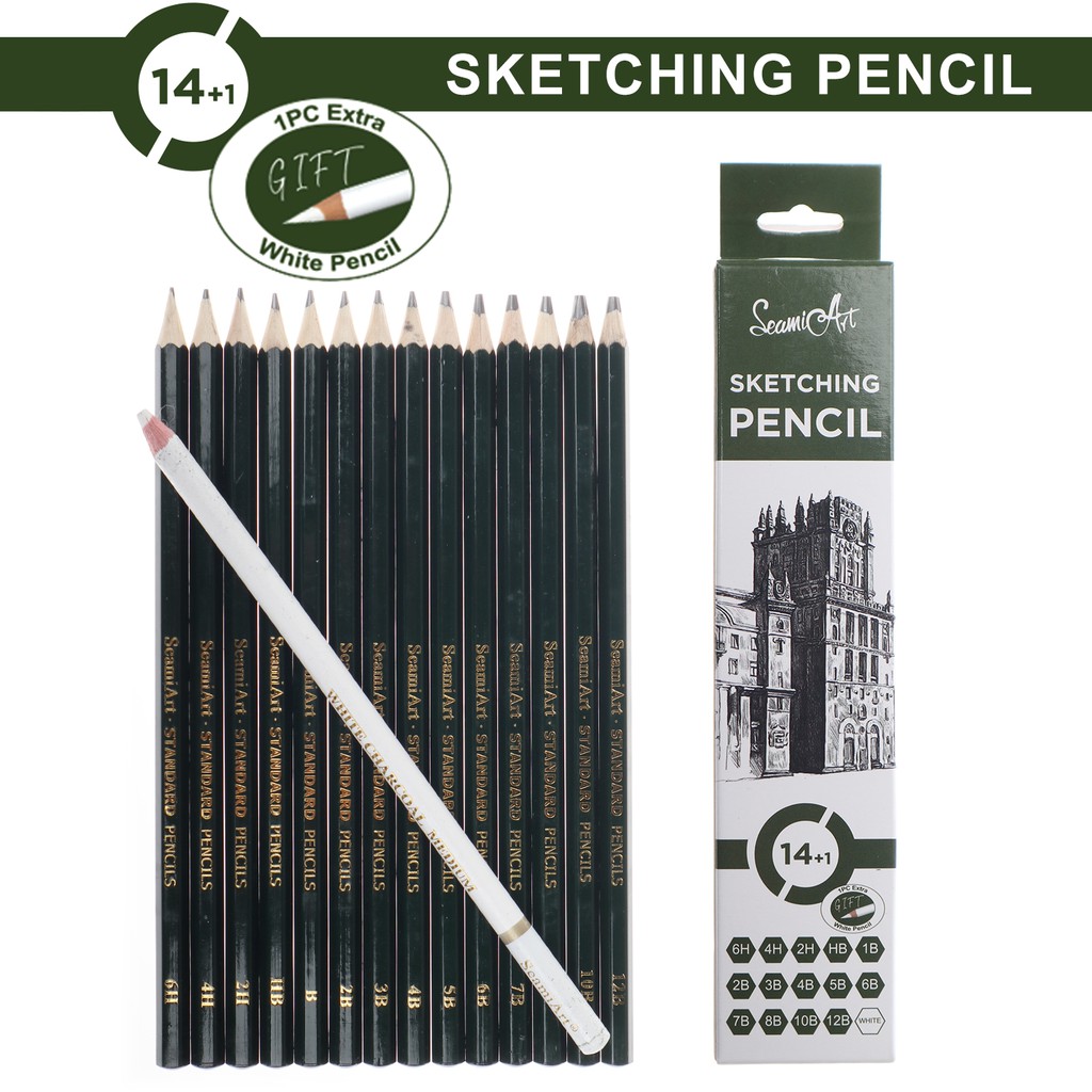 Seamiart [ready Stock] 14pcs Set 6h-12b Standard Sketching Pencil With 