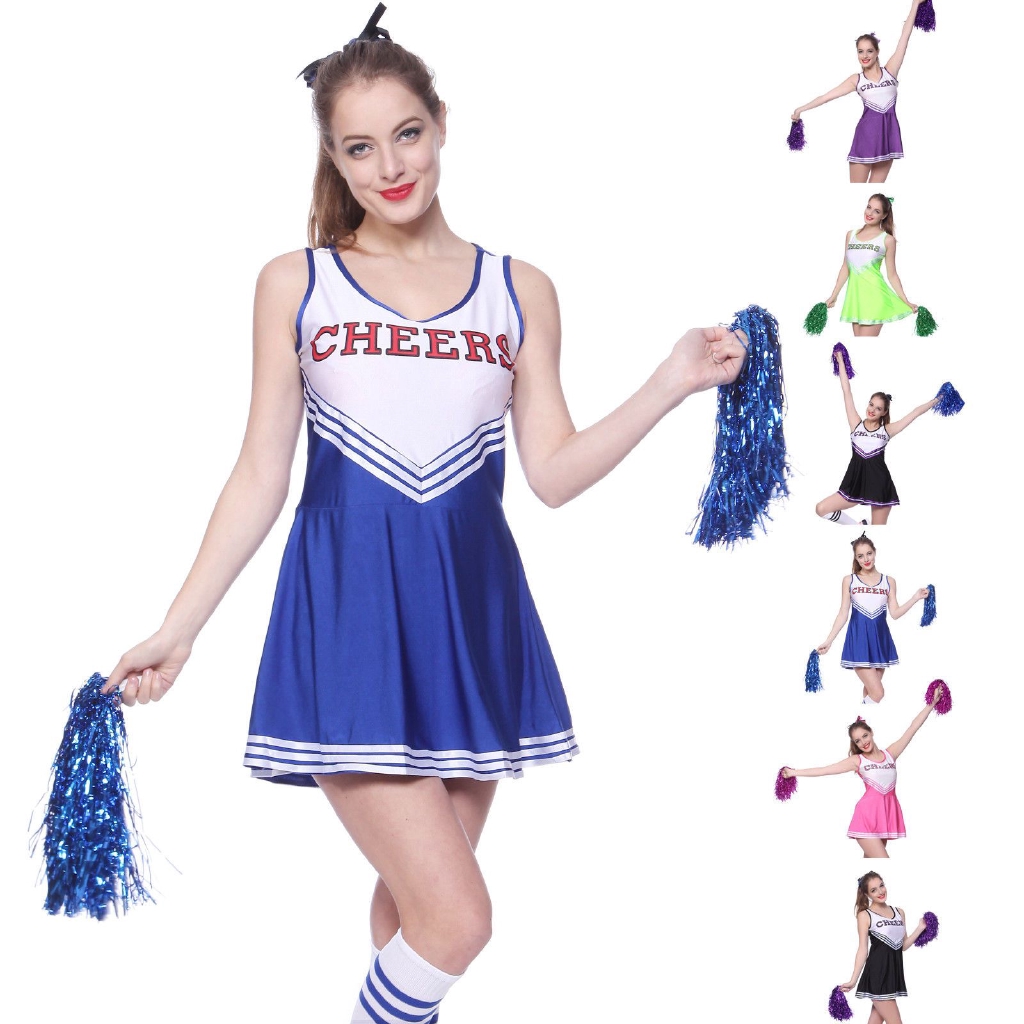 Cheerleader Fancy Dress Outfit Uniform High School Musical Costume With Pom Poms